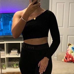 Black One Sleeve Lettuce Crop Top